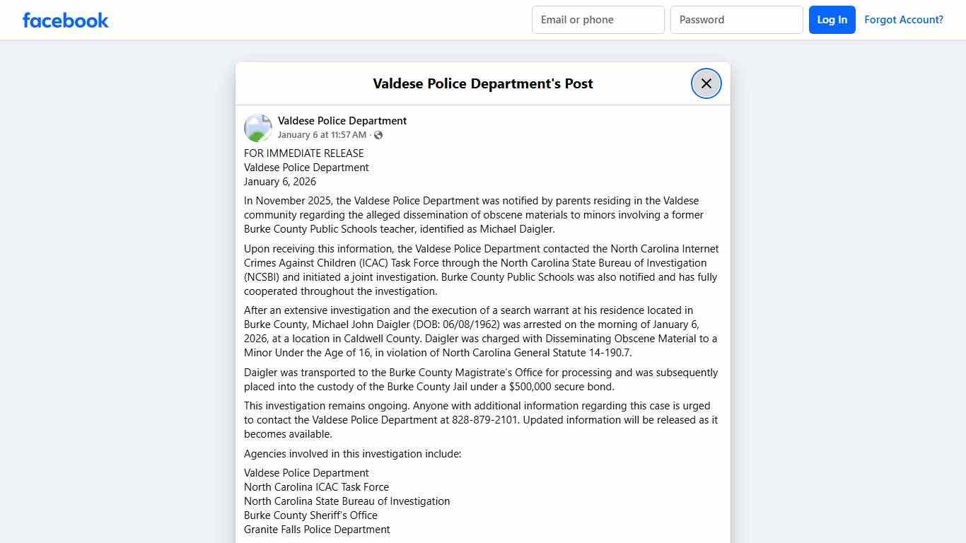 FOR IMMEDIATE RELEASE Valdese... - Valdese Police Department Facebook